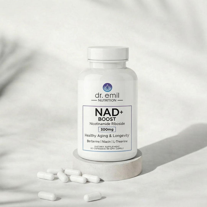 Dr. Emil NAD+ Boost supplement bottle with scattered capsules on a light background