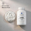 bottle of NMN with copy reading 'enhances metabolism'