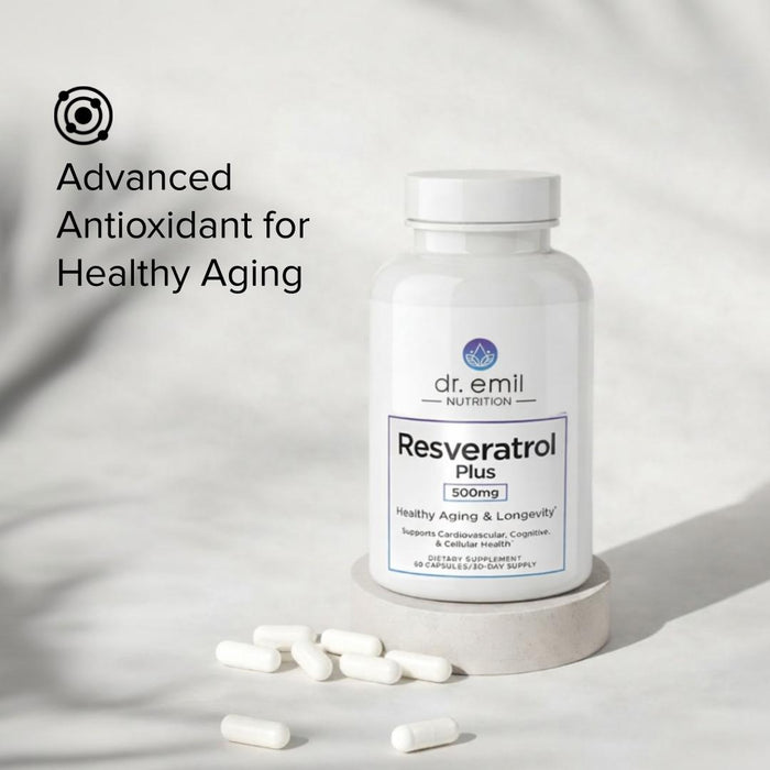 Dr. Emil Nutrition Resveratrol Plus supplement bottle with capsules on a light background