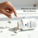 Bottle of Spermidine supplements with a hand holding a pill, labeled 'Effective for both Men & Women'.