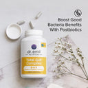 Dr. Emil Nutrition Total Gut Complex supplement bottle on a light background with text about boosting good bacteria benefits with postbiotics.