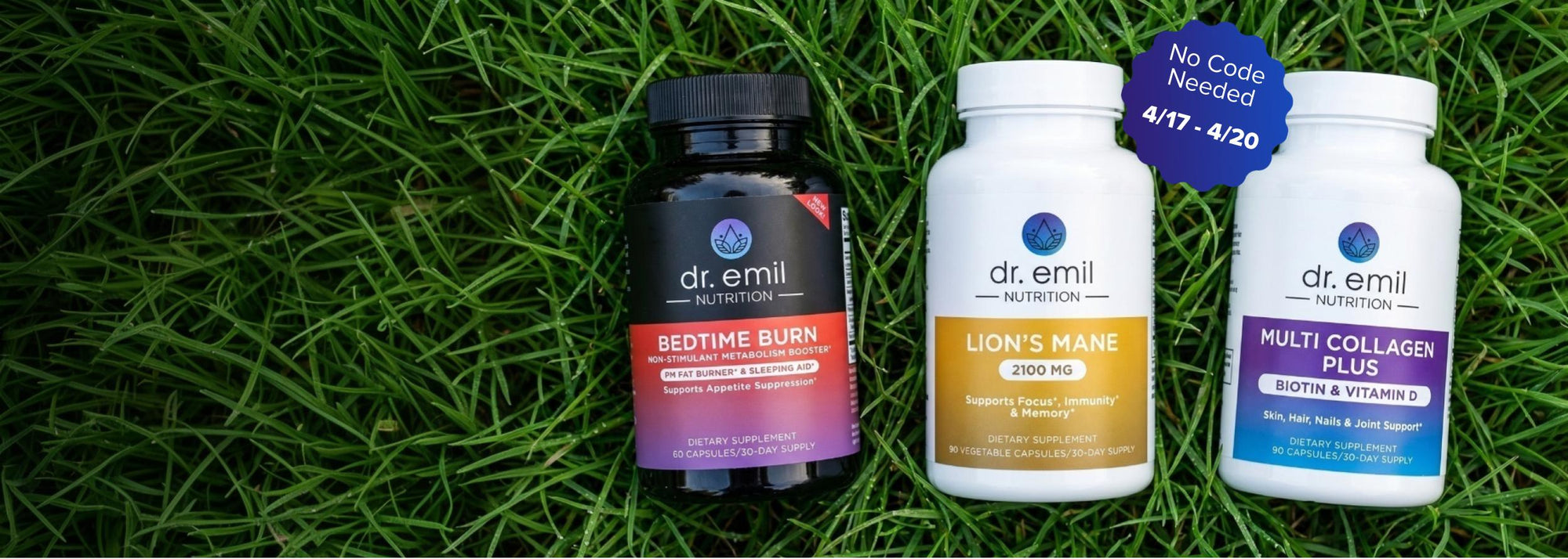Three Dr. Emil Nutrition supplement bottles on grass with promotional text.