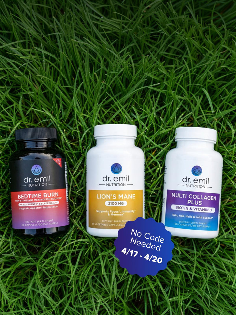 Three bottles of Dr. Emil supplements on grass with a promotional badge.