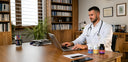 Dr. Emil Hodzovic working on a laptop in a well-organized office.
