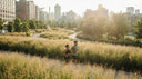 Two people walking through a grassy area with city buildings in the background