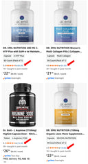 Dr. Emil nutrition products with high Amazon review counts including 5-HTP Plus, Multi Collagen Pills, Arginine 3000, and Lions Mane supplement on a white background.